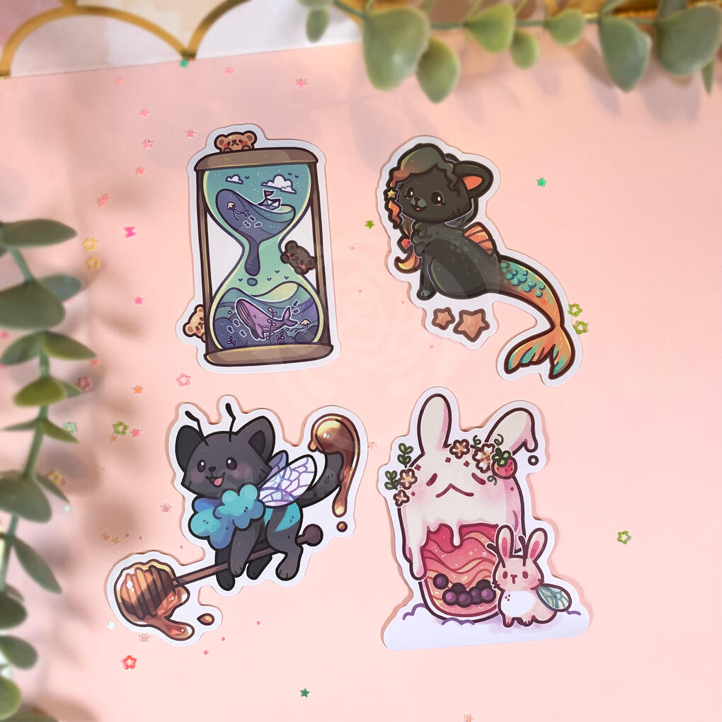 Hourglass, Purrmaid, Honey Bee Kitty, Boba Bunny